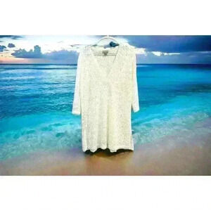 J. Valdi Swim Cover Up Women’s Medium White Eyelet Lace Crochet Look V-Neck‎
